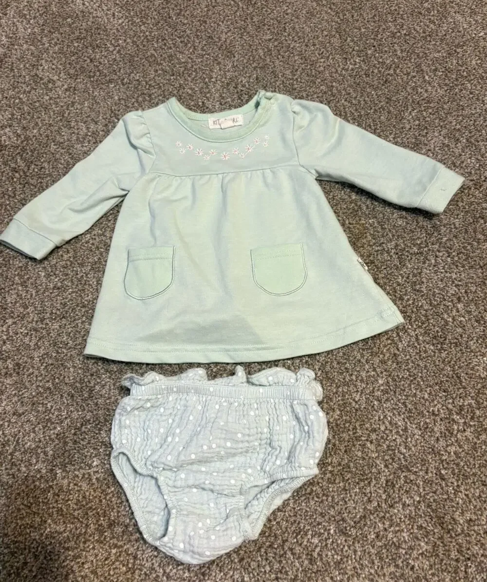 KIT + DALE Girls 6-9M 2pc Dress & Bloomers Set Green/White Embroidered